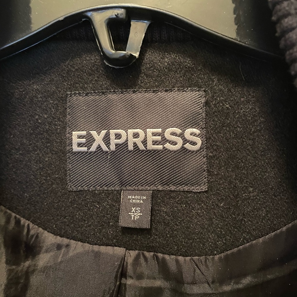 Express Black & Herringbone Varsity Hooded Lined Jacket Coat Zipper Womens XS - Picture 6 of 7